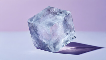Captivating crystal clear ice cube casting dramatic shadow on pastel background, perfect for refreshing product visuals and cool branding