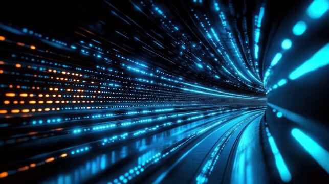 futuristic glowing tunnel of blue and orange lights with curved reflective tracks and streaking dots conveying speed and energetic motion