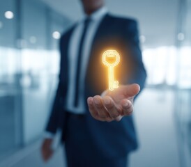 Businessman offers glowing digital key above open hand in office