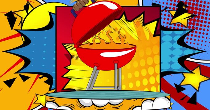 Comic Book Product podium stage animation for presentation with Barbecue Grill. Retro comics background video.