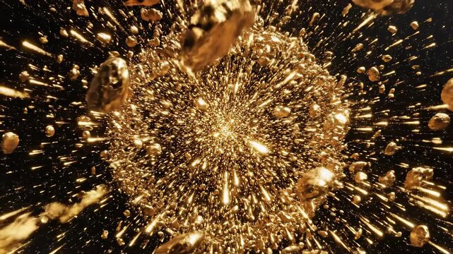 Intense chaotic golden metallic particles rapidly swarming and exploding from a centralized point against a deep, dark cosmic blank backdrop luxury, Intense, abstract