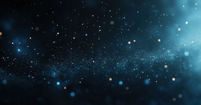 dark blue field of floating glowing particles and golden bokeh, shimmering dust and soft light creating a serene, mysterious sense of wonder