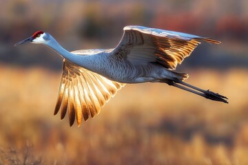 Naklejka premium sandhill crane gliding over golden marsh at sunset with wings outstretched, red crown and long legs in a graceful serene flight