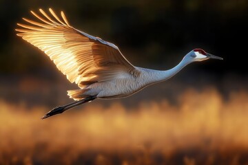 Naklejka premium majestic sandhill crane gliding with glowing backlit golden wings over warm blurred wetland, serene sunset mood