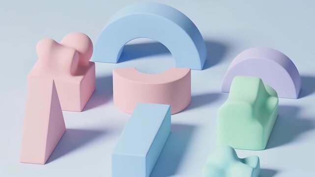 Pastel geometric foam block arch triangle cylinder shape composition with soft pastel shapes and minimal studio lighting creating playful abstract