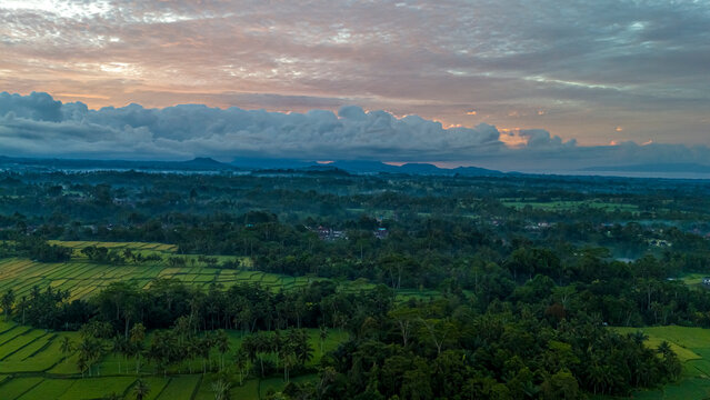 Dark and moody aerial landscape showing the silhouette of a tropical forest and fields under a heavy, cloud-filled twilight sky - Powered by Adobe