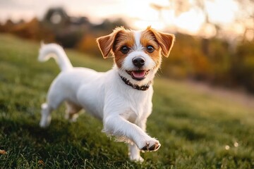 playful small white dog with brown ears wearing a collar running through a sunlit grassy field at golden hour, energetic and joyful with a raised paw and wagging tail