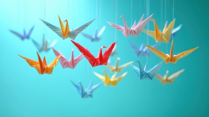 colorful origami paper cranes suspended on thin strings against a turquoise background, floating gently in a whimsical serene arrangement