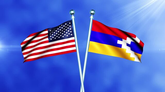 USA and Nagorno Flag Waving On Pole Loop