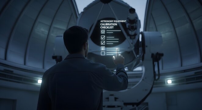 Astronomer Checking Telescope Calibration Checklist on Holographic Interface