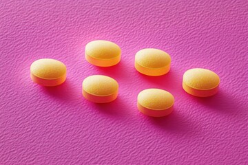 six round yellow-orange tablets on a textured pink background, bright playful minimal composition conveying cheerful wellness