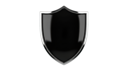 Black glossy shield emblem with silver border isolated on transparent background
