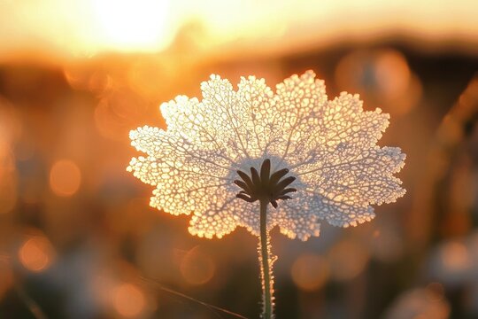 single delicate lacy wildflower seed head on slender stem backlit by warm golden sunset bokeh, serene and glowing