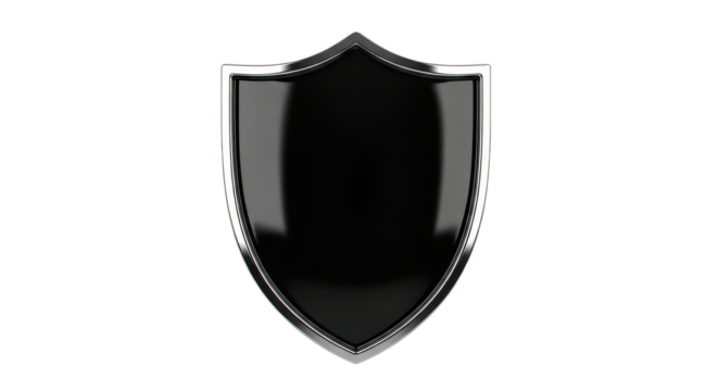 Black glossy shield emblem with silver border isolated on transparent background