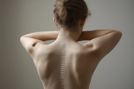 Woman's bare back with a long surgical scar along the spine, arms raised behind her head; soft lighting evokes vulnerability and quiet resilience