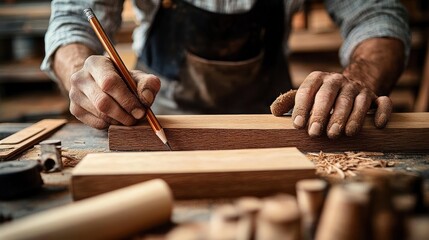 Focused carpenter's hands marking a wooden plank with a pencil on a workbench surrounded by wood shavings and dowels, conveying concentration and careful craftsmanship