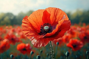Vibrant red poppy in full bloom rising above a blurred field of poppies and seed pods under a soft blue sky, delicate crinkled petals and a peaceful serene summer mood