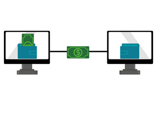 Digital wallet transfer between two computers on transparent background. Modern transaction concept. Clean and minimal fintech design.