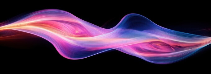 vibrant flowing neon light ribbons in pink, purple and blue over black background conveying serene dynamic motion