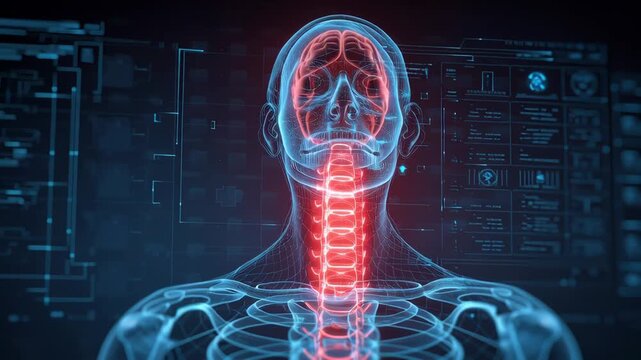 Futuristic Human Anatomy Scan Showing Brain and Spinal Cord Injury