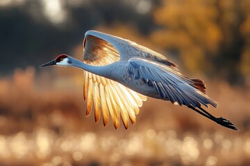 Obraz premium backlit crane in graceful flight over a golden marsh at sunset, wings illuminated and serene elegant mood
