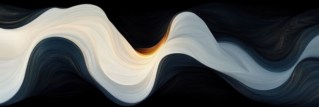 Flowing cream and gray ribbon waves on a black background with textured brushstroke lines and a warm golden highlight, evoking calm and elegant motion