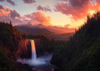 Majestic waterfall plunges between forested cliffs into a misty river at sunset, framed by snow-capped mountains and glowing pink clouds, evoking awe and tranquility