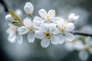 Cluster of delicate white cherry blossoms with yellow stamens and unopened buds on a slender branch, soft bokeh background conveying serene spring calm