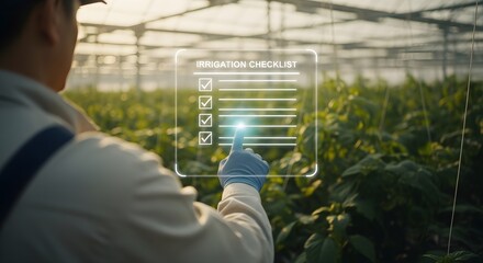 Farmer Checking Irrigation Checklist on Holographic Greenhouse Interface