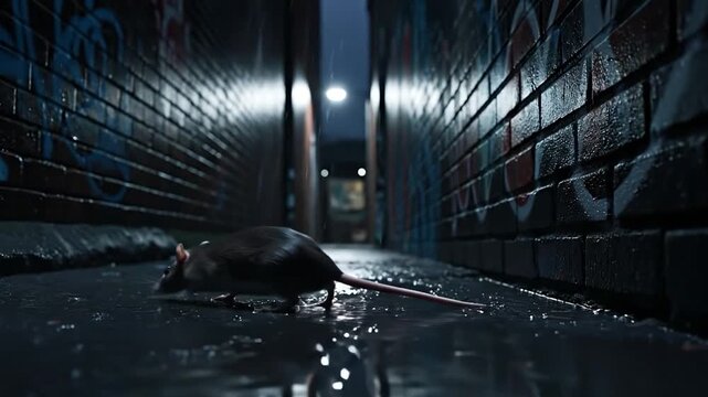 Rat running through a dark alleyway in the rain at night creating a sense of dread