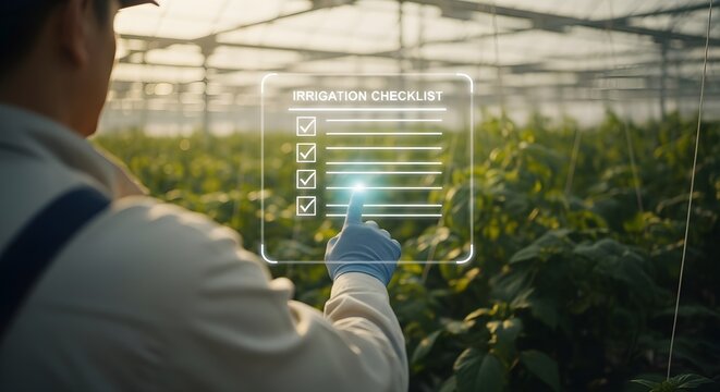 Farmer Checking Irrigation Checklist on Holographic Greenhouse Interface - Powered by Adobe