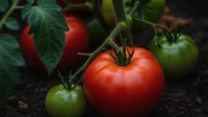 Fresh red and green tomatoes growing on the vine in rich dark soil. Natural organic vegetable harvest for healthy eating and farm to table concepts for a website banner - Powered by Adobe