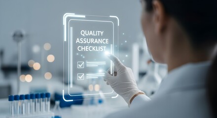 Scientist Checking Quality Assurance on Holographic Lab Interface