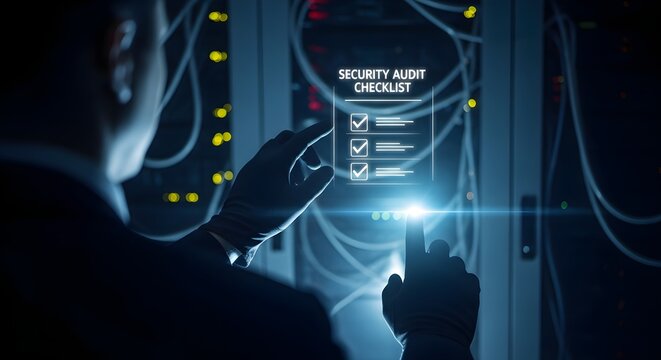Cybersecurity Expert Checking Audit Checklist on Holographic Screen
