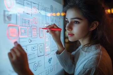 focused designer sketching app wireframes and interface diagrams on a glass board with a red marker, planning flows and layouts in a cozy dimly lit workspace