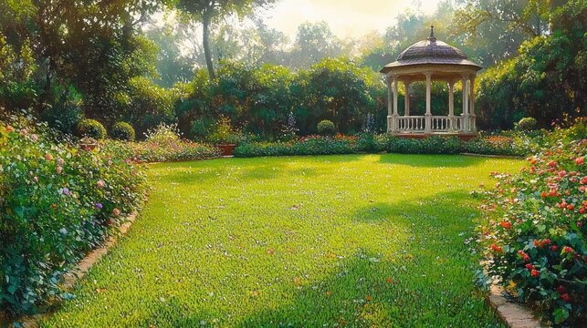 Sunlit formal garden with a wooden gazebo, manicured green lawn, flowering borders, lush shrubs and tall trees, evoking a peaceful, serene atmosphere