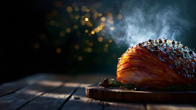 Culinary Delight: An Exquisite Ham Glazed to Perfection, Radiating Steam and Aroma, Showcasing Its Juicy Layers and Crisp Seasoning, Ideal for Any Festive Gathering or Gourmet Feast Experience