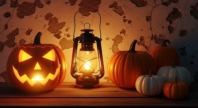 Glowing jack-o'-lantern, old lantern, and assorted pumpkins arranged on a rustic wooden surface, creating a warm and spooky halloween ambiance for festive celebrations.