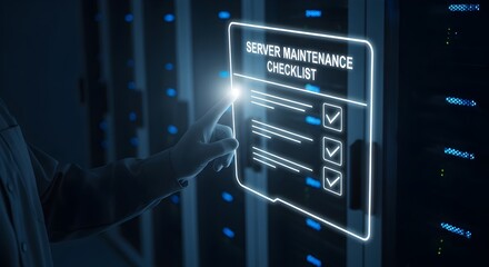 IT Technician Checking Server Maintenance Holographic Checklist