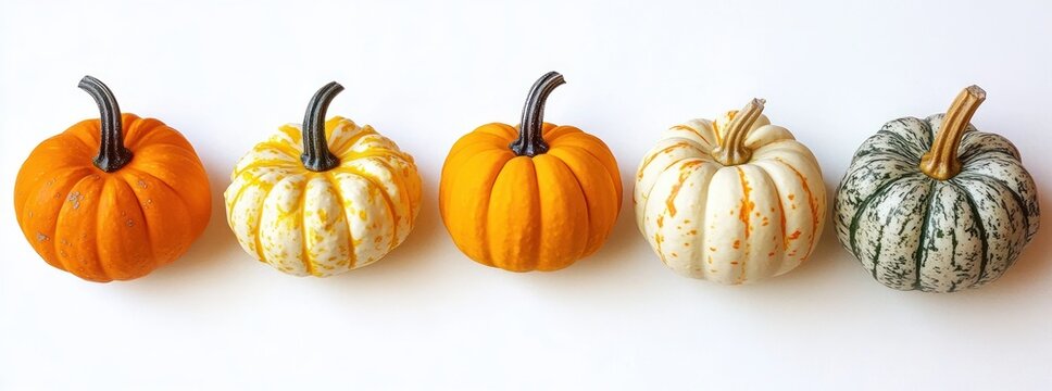 Five small decorative pumpkins and gourds in a neat row on a white background, bright orange, speckled white and green striped, cheerful autumn harvest display