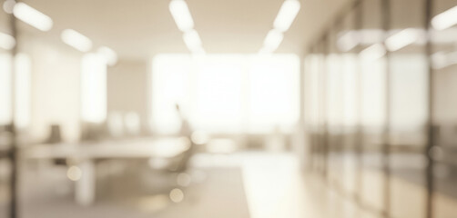 Bright modern office interior hallway with blurred lights and furniture shapes, creating a sleek professional atmosphere with soft glowing highlights and smooth visual depth.