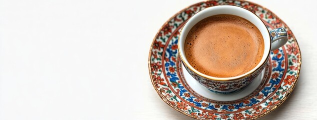 frothy coffee in an ornate floral porcelain cup with matching saucer on a white surface, warm inviting elegant mood