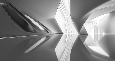 Minimal futuristic white interior with smooth curving walls, flowing lines, central glowing seam and mirrored reflective floor, serene and otherworldly atmosphere