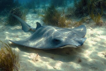 large stingray gliding across sunlit sandy seabed among seagrass, peaceful and serene underwater scene