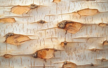 close-up of pale birch bark with peeling layers, knotty brown scars and subtle textured grain conveying calm rustic warmth