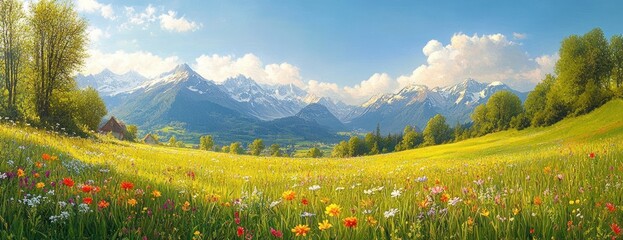 Sunlit wildflower meadow with colorful blooms, rolling green hills, scattered trees and a small cottage beneath snow-capped mountains under a bright blue sky, peaceful and idyllic