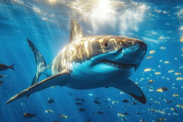 Majestic great white shark gliding through sunlit blue water among a school of small fish, powerful and awe-inspiring