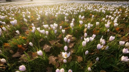 Panoramic view of a sunlit meadow covered with white crocus flowers. First signs of spring with fresh blooms among dry autumn leaves for a seasonal transition background