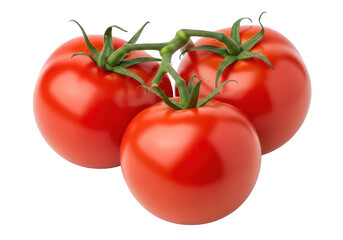 Three ripe red tomatoes on the vine, isolated on transparent background, showcasing their vibrant color and freshness for culinary use