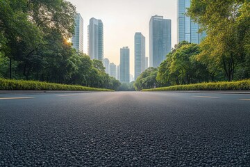 low angle empty city avenue of smooth asphalt leading to towering glass skyscrapers framed by lush green trees at sunrise, calm peaceful morning